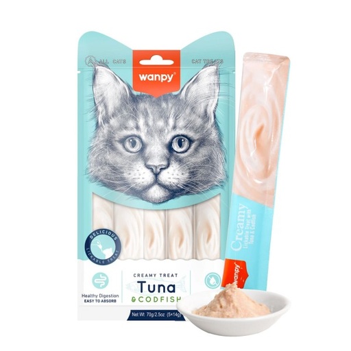 [6927749871125] Wanpy Creamy Lickable Treats – Tuna & Codfish (5x14g) –70g 