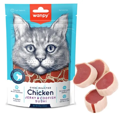 [6927749811305] Wanpy Chicken Jerky & Codfish Sushi Cat Treat – 80g 