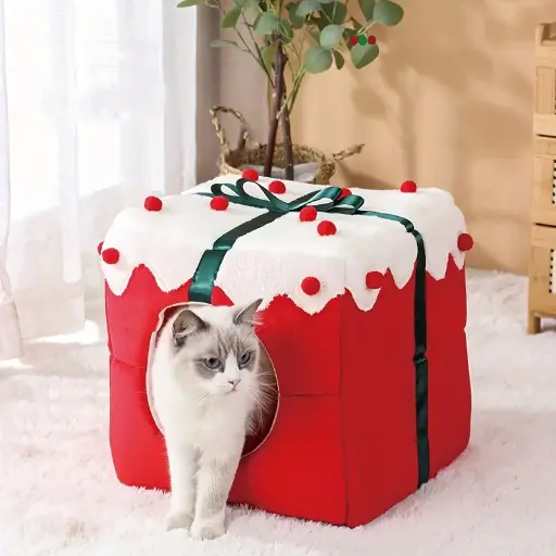 [6083174370432] Pets.Love.Earth Christmas Present Box Cube Bed - 2 in 1 Collapsible 