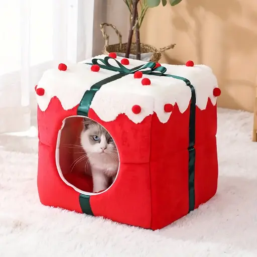 [6083174370432] Pets.Love.Earth Christmas Present Box Cube Bed - 2 in 1 Collapsible 