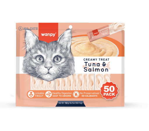 [6927749871842] Wanpy Creamy Lickable Treats – Tuna & Salmon (50 x 14g) – 700g 